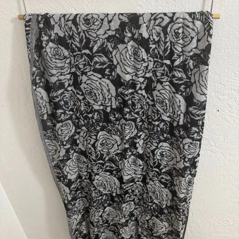 Silver Metallic Black & White Rose Scarf